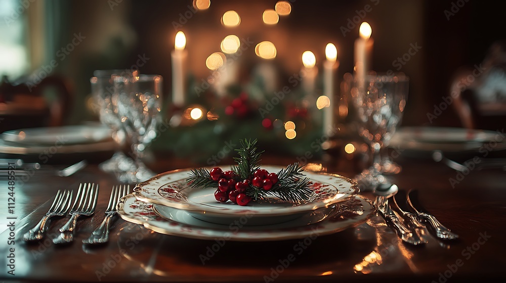 Christmas dinner table setting with candles and decor cozy home Christmas dinner table setting with candles and decor cozy home