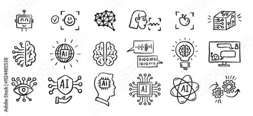 Artificial Intelligence Icons grunge chalk hand drawn doodle Brush set. Outline AI drawing crayon 