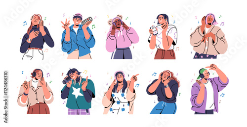 Happy people listening to music with headphones, earphones, speakers. Smiling characters in head phones, enjoying favorite tunes, singing songs. Flat vector illustration isolated on white background