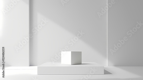 Minimalist Product Display: A pristine white cube rests on a larger platform, bathed in soft, natural light. The clean, modern aesthetic creates a perfect backdrop for showcasing products or branding.