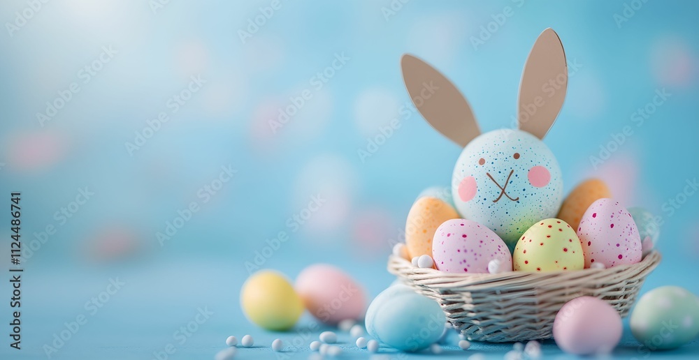colorful easter eggs with rabbit's ears in a basket an isolated blue background. For design, banner, poster, menu, print, poster, etsy, postcard, linkedin, presentation. Copy space for text colorful easter eggs with rabbit's ears in a basket an isolated blue background. For design, banner, poster, menu, print, poster, etsy, postcard, linkedin, presentation. Copy space for text