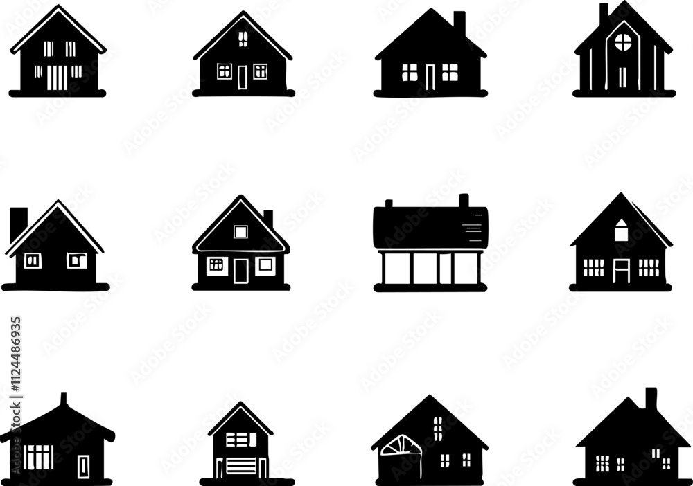 A collection of black silhouette icons representing various house designs, suitable for architectural, real estate, or design projects. A collection of black silhouette icons representing various house designs, suitable for architectural, real estate, or design projects.