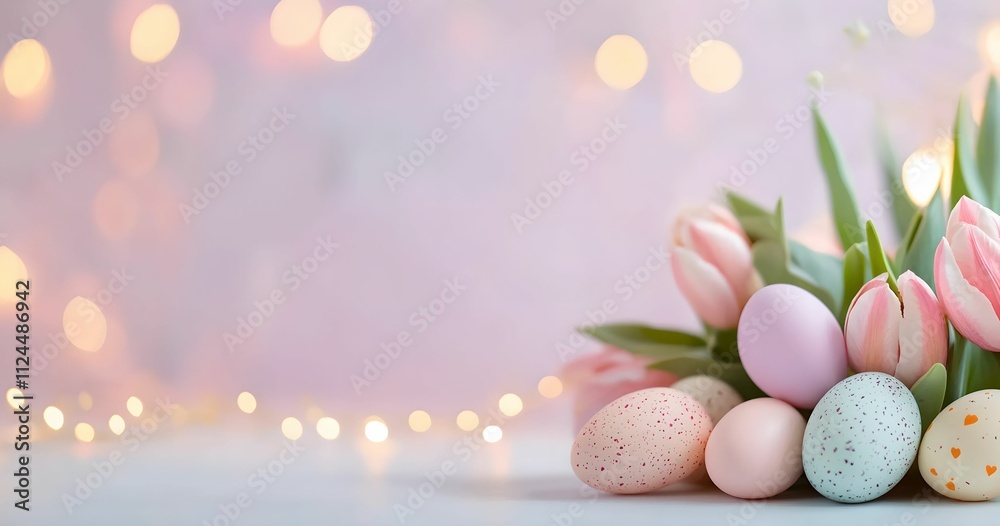 Front view, easter colorful eggs and flowers on a soft pink bokeh background. For design, banner, poster, menu, print, poster, etsy, postcard, linkedin, presentation. Copy space for text Front view, easter colorful eggs and flowers on a soft pink bokeh background. For design, banner, poster, menu, print, poster, etsy, postcard, linkedin, presentation. Copy space for text