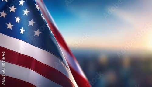 Vibrant USA Flag Waving in Morning Light with City Skyline in Background. Perfect for Patriotic Holidays, Memorial Day, Independence Day Celebrations, and American Pride Displays photo