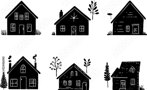 A collection of six black silhouette illustrations of various house designs, showcasing different architectural styles and natural elements.