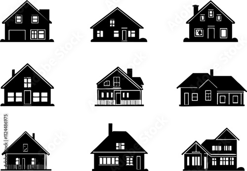 A collection of nine black silhouette illustrations of various house designs, showcasing different architectural styles and features.