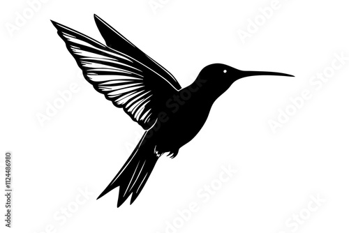 A black silhouette of a hummingbird in flight, showcasing its delicate wings and long beak, ideal for nature-themed designs.