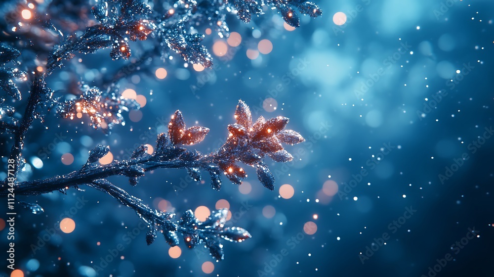 Frosted branches glowing in snowfall winter wonderland nature close-up Frosted branches glowing in snowfall winter wonderland nature close-up