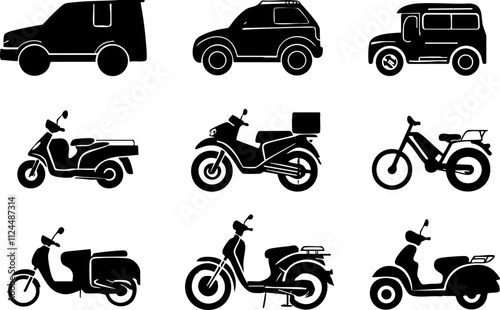 A collection of black silhouettes depicting various types of vehicles including cars, motorcycles, and bicycles for transportation visuals.