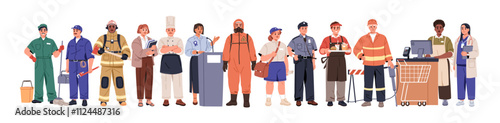 Frontline workers group. Frontliners, different professionals. Police officer, doctor, firefighter, cleaner, teacher and plumber. Occupations, flat vector illustration isolated on white background