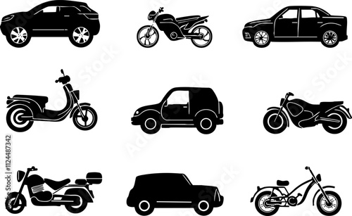 A collection of black silhouette icons representing various vehicles including cars, motorcycles, scooters, and bicycles.