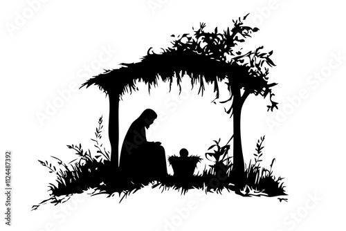 A silhouette of the nativity scene depicting Mary and Joseph with baby Jesus in a manger, surrounded by nature.