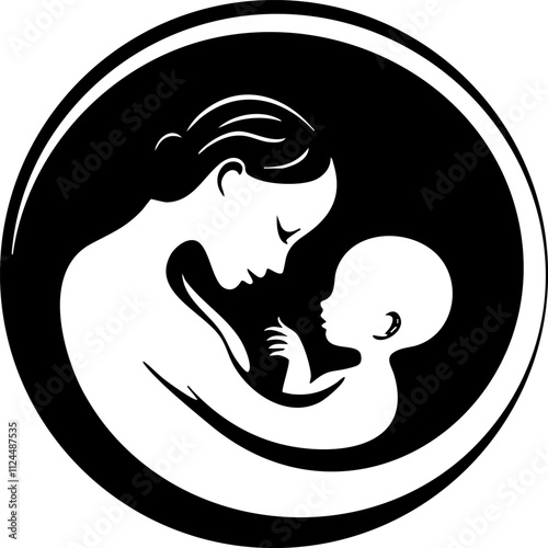 A minimalist illustration depicting a mother embracing her baby, symbolizing love, care, and the nurturing bond between them.