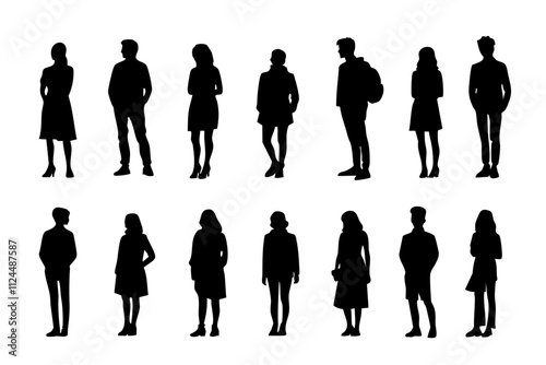 A collection of silhouetted figures representing diverse individuals in various poses, ideal for design and graphic projects.