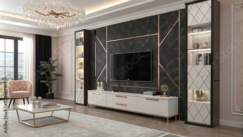Navy blue textured TV wall with gold inlays, Elegant navy and gold design

