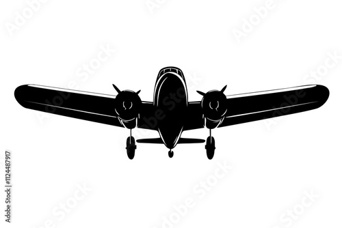 A silhouette of a vintage airplane viewed from the front, ideal for aviation-themed designs and travel graphics.