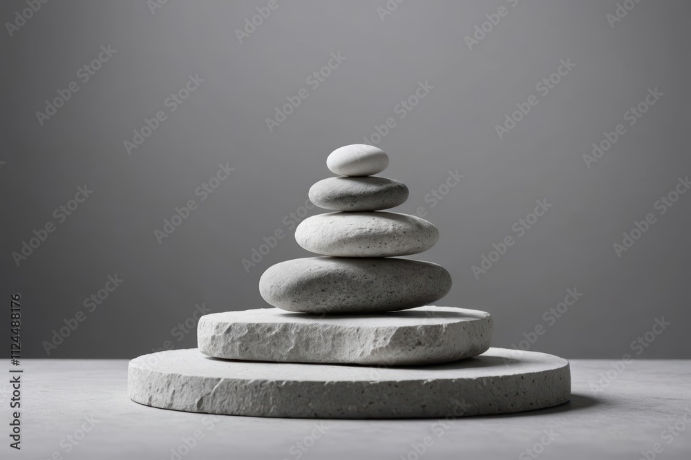 Stack white stones platform podium on gray light copy spase background. Minimal empty display product presentation scene.