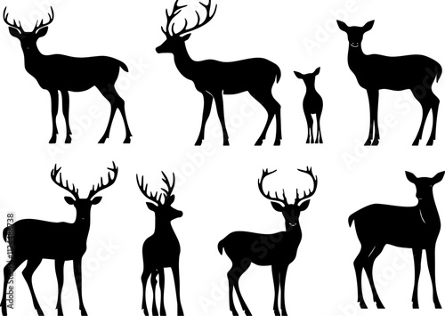 A collection of deer silhouettes, showcasing various poses and antler configurations, ideal for nature-themed designs and illustrations.