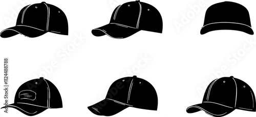 A collection of six black silhouette designs of various baseball caps, perfect for fashion and accessory illustrations.