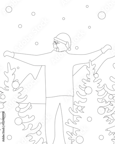 Coloring Book with Happy Woman or Teenager and Snow-covered Landscapes, Outline Christmas Vector Stock Illustration with Christmas Tree