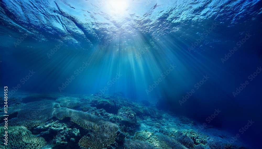 Fototapeta premium A stunning underwater scene with blue sunlight piercing the deep-sea abyss, creating tranquil patterns, ideal for marine-themed or nature-inspired visuals