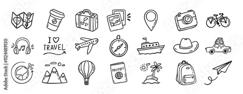 travel doodle hand drawn icon set. Outline drawing travel tourism line clipart symbols