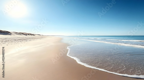 Sunny Beach with Gentle Waves and Sandy Shore. Nature