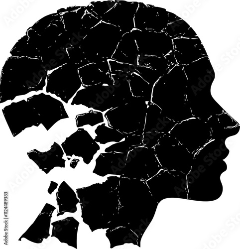 An abstract silhouette of a cracked head, symbolizing mental health and psychological struggles, perfect for artistic and conceptual projects.