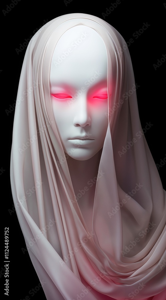 Ethereal humanoid portrait with glowing red eyes and mystical veil Ethereal humanoid portrait with glowing red eyes and mystical veil