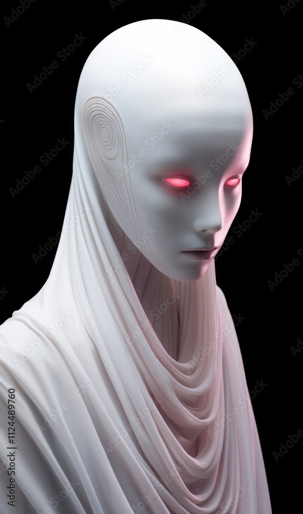 Ethereal humanoid figure with glowing eyes in mystical white drapery against a dark background Ethereal humanoid figure with glowing eyes in mystical white drapery against a dark background