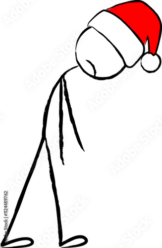 Omino che cammina in una posizione triste con un cappello di babbo natale rosso in testa