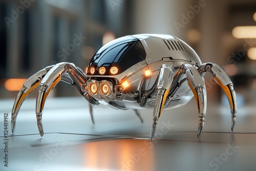 Futuristic robotic spider with glowing features on sleek surface in a modern setting photo