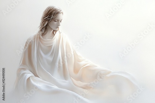 Watercolor Portrait of Jesus Christ in Serene Pose on White Background