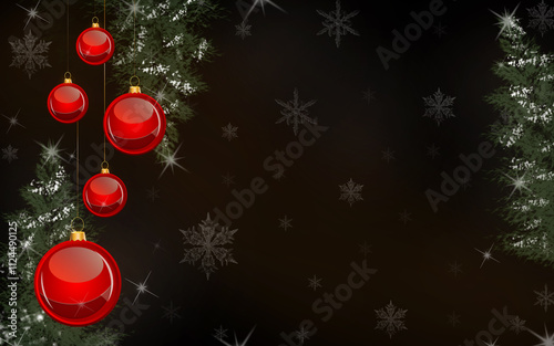 Christmas and New Year background with snowflakes and glowing stars and place for text. Christmas tree with balls. Dark New Year and Christmas background.