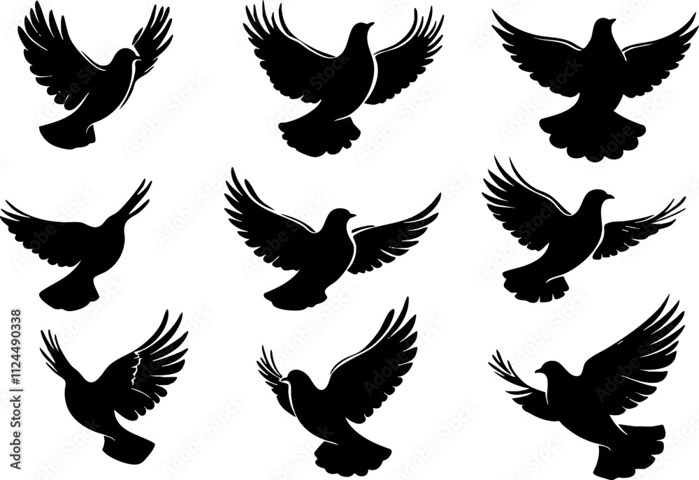 Fototapeta premium A collection of black silhouette designs of flying birds, ideal for graphic design and illustration projects.