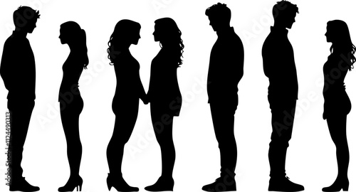 A minimalist silhouette illustration depicting couples in various poses, highlighting themes of love, romance, and emotional connection.