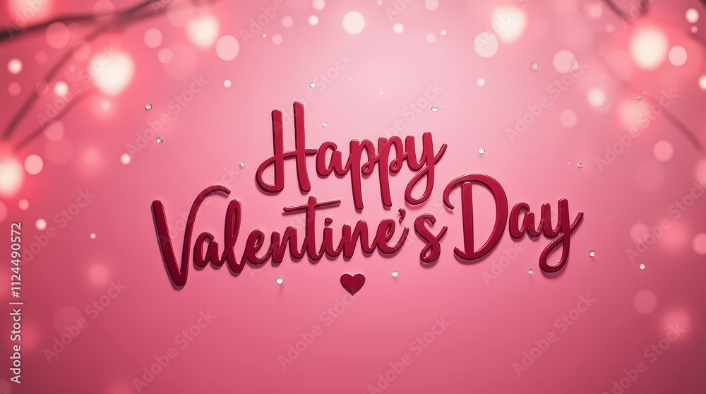 Happy Valentine's Day red text on a pink bokeh background. Romantic holiday design with light effects and copy space Happy Valentine's Day red text on a pink bokeh background. Romantic holiday design with light effects and copy space