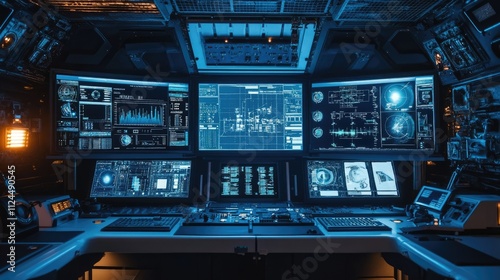 High-Tech Control Room with Multiple Screens and Graphics