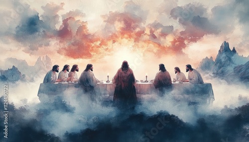 Serene Last Supper Watercolor Illustration of Jesus Christ on Maundy Thursday