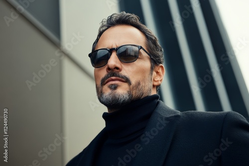 Confident man wearing sunglasses on a sunny day in an urban setting showcasing modern architecture