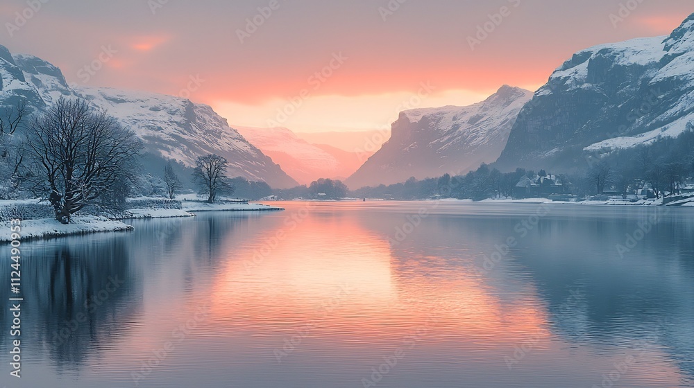 Serene Sunrise Over Majestic Snow Capped Mountain Range Reflected in Tranquil Alpine Lake Serene Sunrise Over Majestic Snow Capped Mountain Range Reflected in Tranquil Alpine Lake