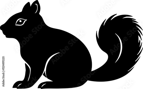A black silhouette of a playful squirrel, showcasing its bushy tail and distinctive features, ideal for nature-themed designs.