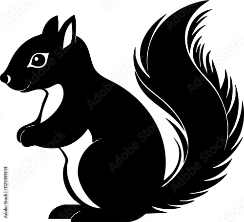 A cute black silhouette of a squirrel with a bushy tail, ideal for nature-themed designs and illustrations.