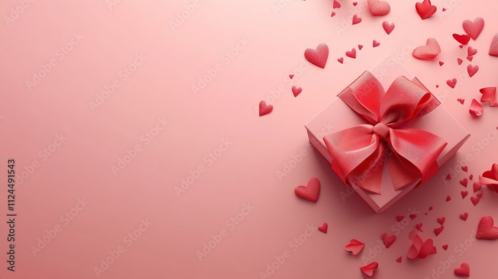 Pink gift box with red bow on pink background with red hearts. Holiday web banner. Top view. with large copy space. Pink gift box with red bow on pink background with red hearts. Holiday web banner. Top view. with large copy space.