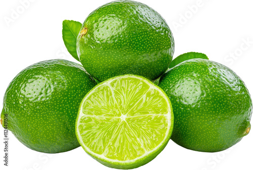Fresh green limes stacked with one cut in half