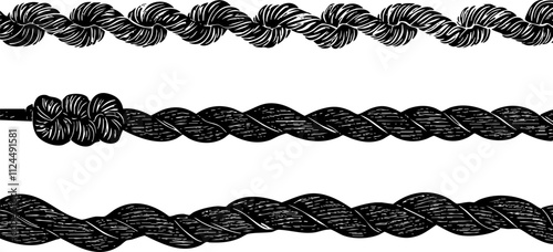 A collection of black twisted ropes and knots in a vector illustration style, ideal for design and crafting purposes.