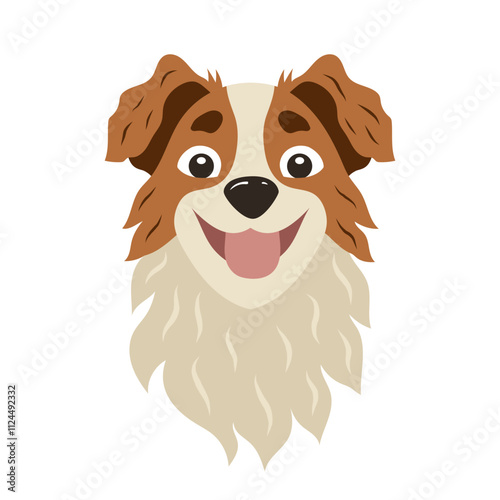 The dog's face is drawn in a flat style. Stylized character.