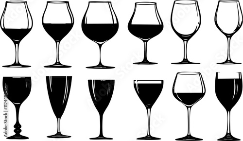 A collection of various wine glasses and cocktail glasses, showcasing different shapes and styles for drinks.