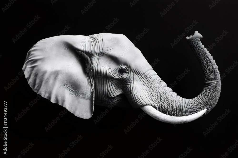 Close up profile of an elephant raising its trunk against a black background, captured in stunning monochrome Close up profile of an elephant raising its trunk against a black background, captured in stunning monochrome