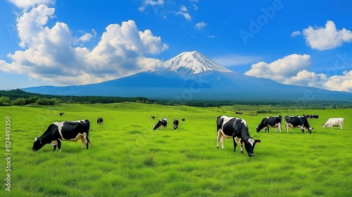Green grassland with black and white cows grazing